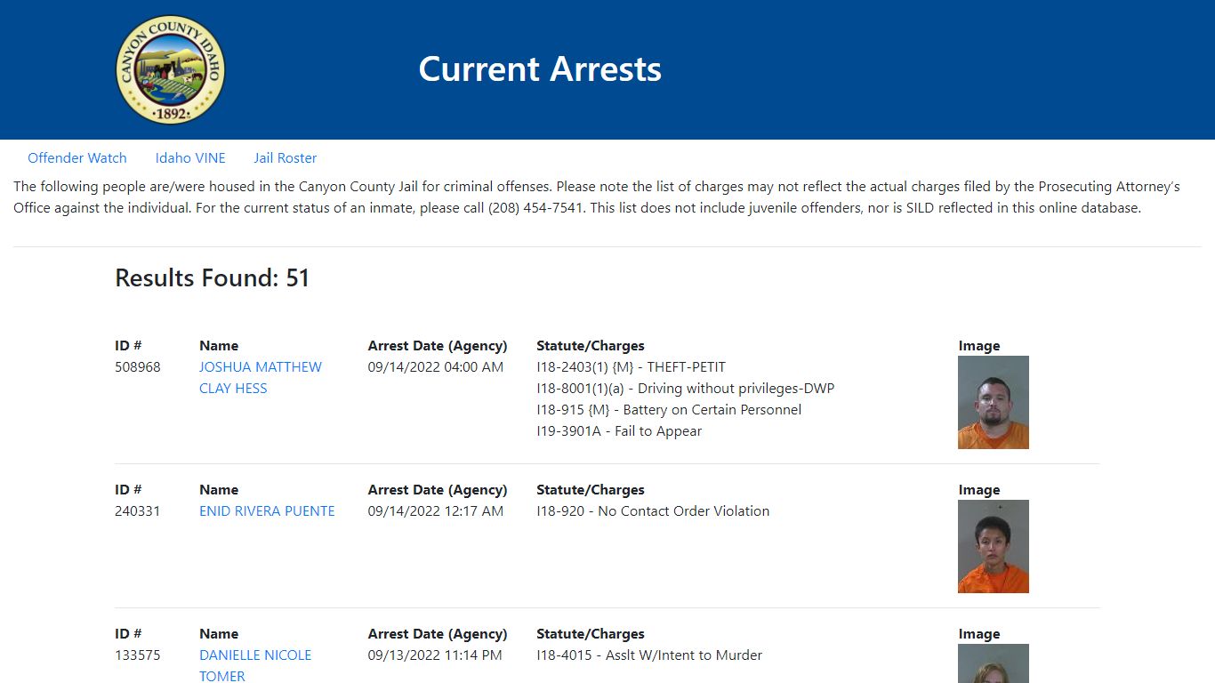 Current Arrests - Canyon County, Idaho